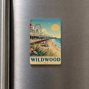 A vintage-style magnet depicting a beach scene with a ferris wheel, beach umbrellas, and a large yellow sun.