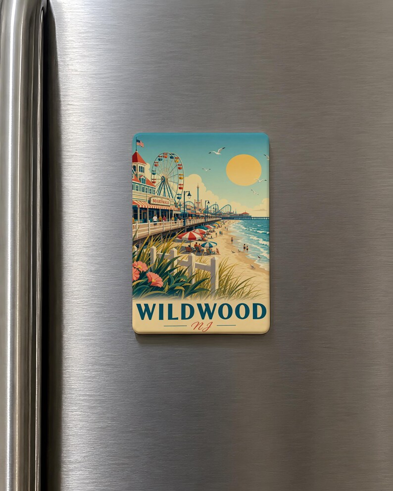 A vintage-style magnet depicting a beach scene with a ferris wheel, beach umbrellas, and a large yellow sun.