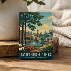 A coaster featuring a scenic illustration of Southern Pines, North Carolina, with a lake, trees, and buildings in the background.