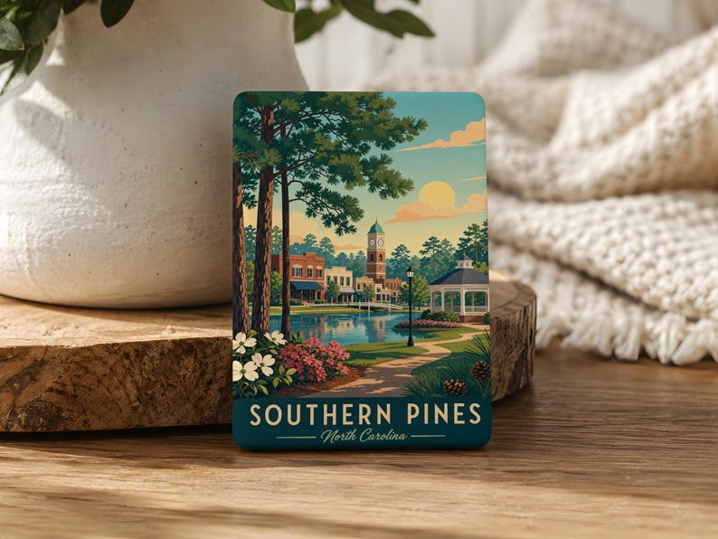 A coaster featuring a scenic illustration of Southern Pines, North Carolina, with a lake, trees, and buildings in the background.