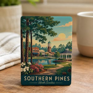 A decorative item featuring a scenic illustration of Southern Pines, North Carolina, with a lake, trees, and a gazebo in the background.