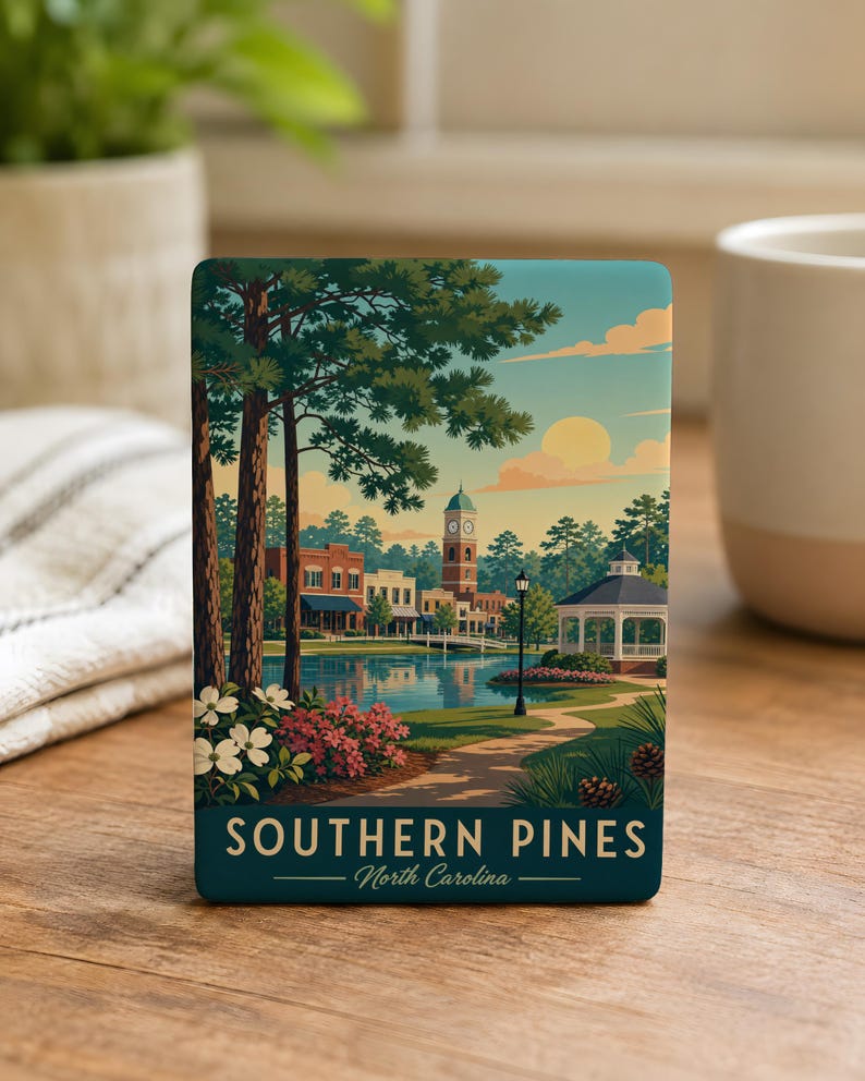 A decorative item featuring a scenic illustration of Southern Pines, North Carolina, with a lake, trees, and a gazebo in the background.