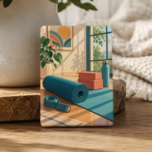 May include: A teal yoga mat rolled up next to a matching teal yoga strap with a metal D-ring, two rectangular coral yoga blocks, and a teal water bottle. The scene is set in a sunlit room with a potted plant and a wall art print.