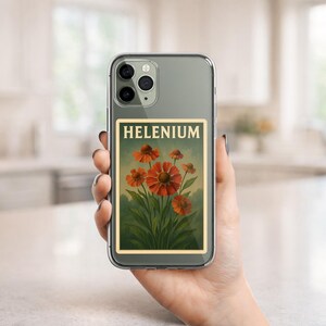 May include: A phone case featuring a vintage botanical illustration of Helenium flowers. The artwork showcases vibrant orange and red blooms with green foliage against a muted green background. The word "HELENIUM" is displayed at the top.