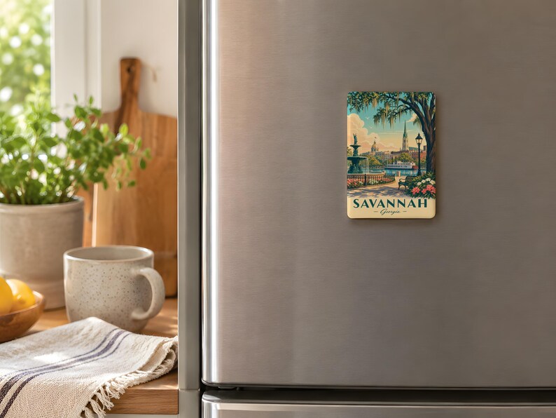 a kitchen scene with a refrigerator magnet depicting a scenic view of Savannah, Georgia. The refrigerator is positioned on the right side of the image, and there is a wooden cutting board and a mug on the left side.