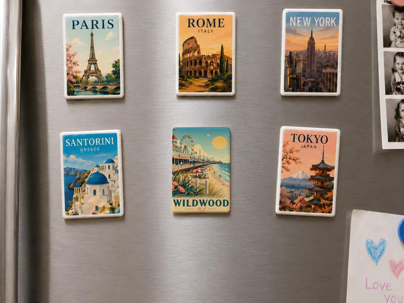 a collection of six vintage-style magnets on a refrigerator, each depicting a different city from around the world.