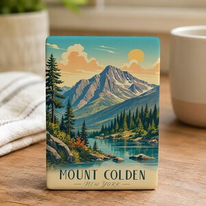 May include: A rectangular ceramic tile featuring a scenic landscape of Mount Colden in New York. The artwork depicts a mountain range, a lake, and evergreen trees under a blue sky with a setting sun. The text "MOUNT COLDEN - NEW YORK" is at the bottom.