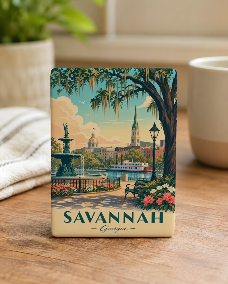 A decorative souvenir magnet depicting a scenic view of Savannah, Georgia, with a fountain, trees, and buildings in the background.
