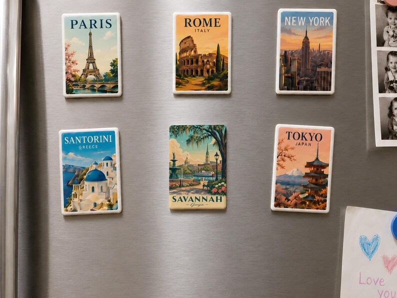 a collection of six vintage-style magnets on a refrigerator, each depicting a different city from around the world.