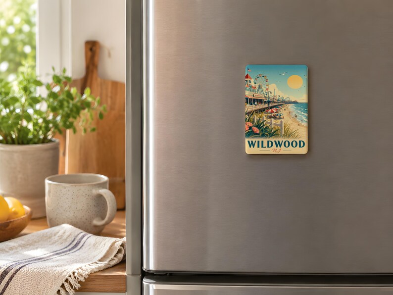 a refrigerator with a vintage-style magnet depicting a beach scene, including a pier and a building, as well as a wooden cutting board and a mug on the kitchen counter.