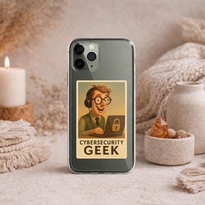 May include: A clear phone case with a sticker featuring a cartoon of a man wearing glasses and headphones, working on a laptop with a lock icon. The text "CYBERSECURITY GEEK" is below the image.