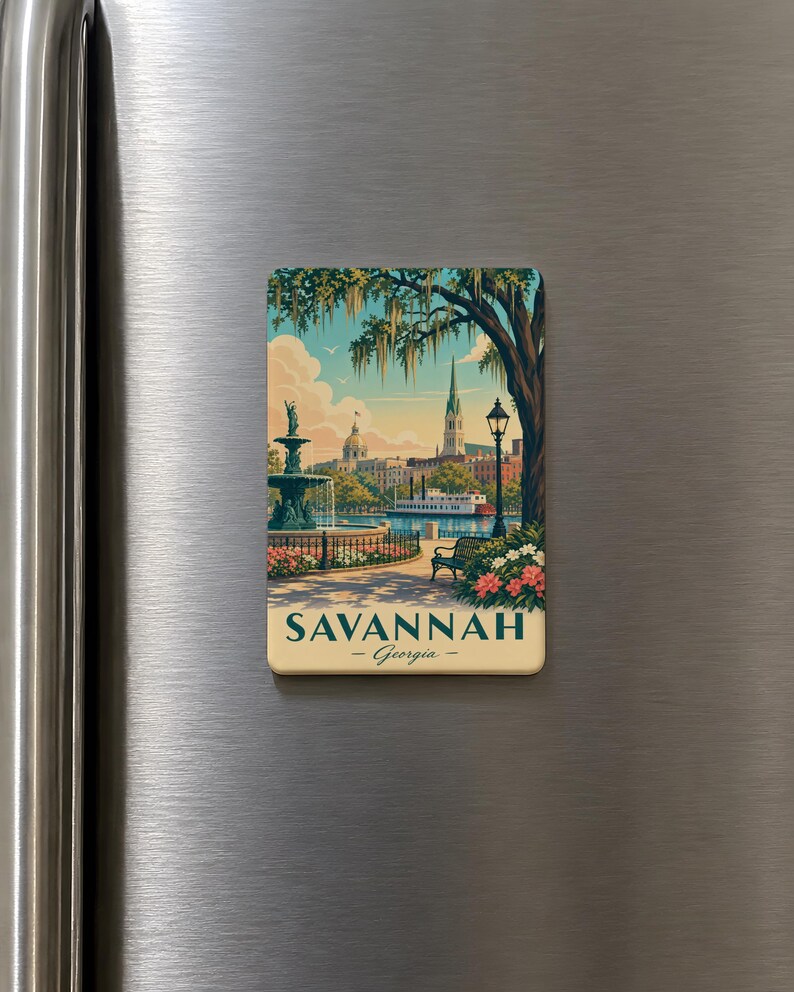 A vintage-style magnet depicting a scenic view of Savannah, Georgia, with a fountain, trees, and buildings in the background.