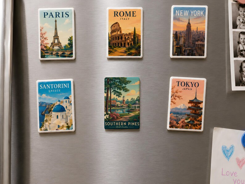 a collection of six vintage-style magnets on a refrigerator, each depicting a different city from around the world.