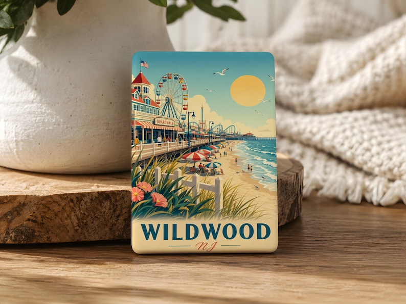 A coaster featuring an illustration of a beach and amusement park with a ferris wheel, palm trees, and people enjoying the beach.