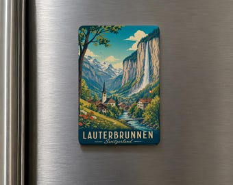 Imán de nevera de Lauterbrunnen Suiza, recuerdo de viaje del valle de Lauterbrunnen, imán de pueblo de montaña de los Alpes suizos