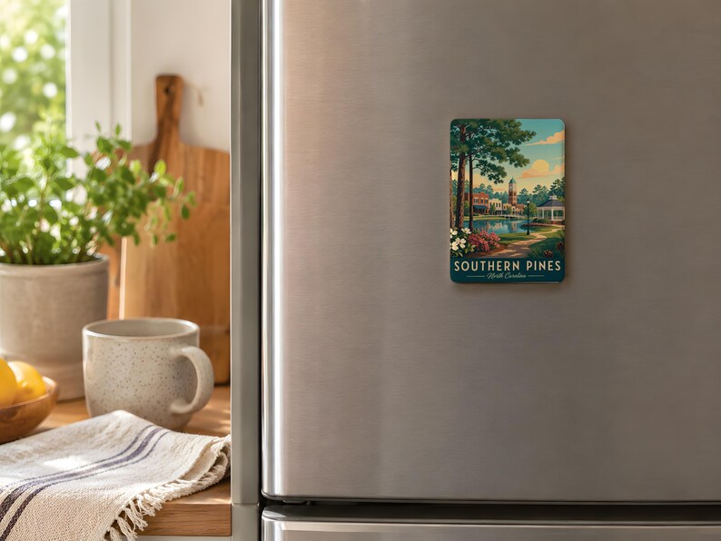 a refrigerator with a Southern Pines magnet on it, along with various kitchen items such as a coffee mug, a wooden cutting board, and a bowl of fruit.