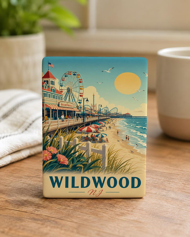 A framed print of a beach scene with a ferris wheel, beach, and ocean in the background, along with the text "WILDWOOD, NJ" at the bottom.