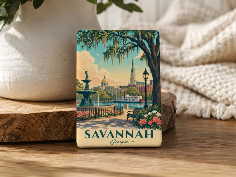 A decorative magnet depicting a scenic view of Savannah, Georgia, with a fountain, trees, and buildings in the background.