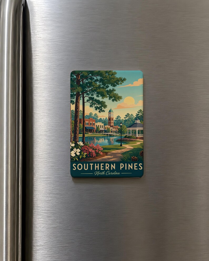 A vintage-style magnet depicting a scenic view of Southern Pines, North Carolina, with a lake, trees, and buildings in the background.