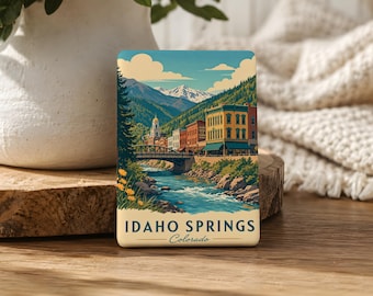 Imán para nevera de Idaho Springs, Colorado; imán de recuerdo de Idaho Springs, CO; imán de recuerdo de viaje de un pueblo de las Montañas Rocosas.
