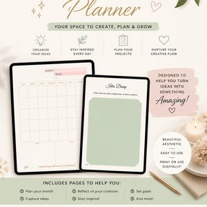 May include: A digital creativity planner template displayed on two tablet screens. The text reads Creativity Planner, Plan your ideas, nurture your creativity, Your space to create, plan & grow, and Editable Template on Canva with various icons.
