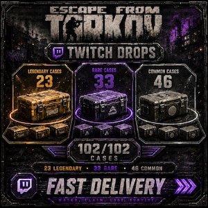 Puede incluir: Un gráfico digital para los Twitch Drops de Escape From Tarkov con 102 cajas en total, divididas en 23 legendarias doradas, 33 raras moradas y 46 comunes grises. El diseño incluye etiquetas de texto, recuentos de cajas y un banner Fast Delivery.