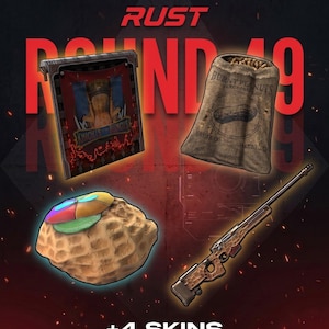 May include: Promotional image for RUST Round 49 Twitch Drops. The image features a variety of in-game items, including a banner with the text "KNIGHTS OF BUNGUS", a burlap sack of "BURNT PEANUTS", a colorful hat, and a camouflage sniper rifle. The text "+4 SKINS" is also visible.