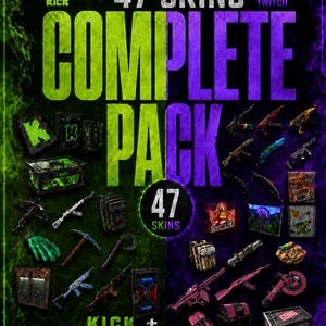 Peut inclure: Un graphique promotionnel numérique avec le texte +47 SKINS COMPLETE PACK. L'image est divisée verticalement entre le vert et le violet, affichant divers skins d'armes et d'objets de jeu, y compris des armes à feu, des outils et des conteneurs.