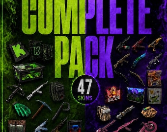 May include: A digital promotional graphic featuring the text +47 SKINS COMPLETE PACK. The image is split vertically between green and purple, displaying various game weapon and item skins, including firearms, tools, and containers, with Kick and Twitch logos.