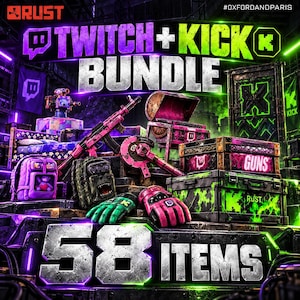Puede incluir: Un gráfico de paquete de juego digital con el texto TWITCH + KICK BUNDLE y 58 ITEMS. La imagen muestra varios objetos virtuales, incluyendo un rifle rosa, una mochila morada con un osito de peluche, una bolsa verde de monstruo y cajas de metal.