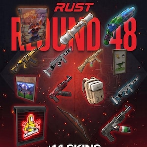 Op de afbeelding: Promotieafbeelding voor Rust Round 48, met wapenskins en thema-items. De afbeelding bevat verschillende wapens, een rugzak en andere accessoires, allemaal met unieke ontwerpen. De tekst "RUST ROUND 48" is prominent aanwezig.