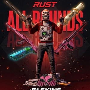 May include: A promotional image for the game RUST, featuring a character in a red sweater and a pixelated helmet, surrounded by various weapons. The image includes the text "+51 SKINS" and "ALL IN ONE TWITCH ROUNDS". The background is dark with fiery effects.