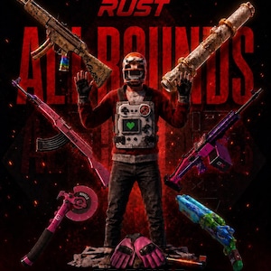 May include: A digital promotional graphic for Rust featuring a character wearing a red sweater, dark pants, and a helmet, surrounded by various weapon skins including a pink rifle, a purple rifle, a rocket launcher, and a circular saw blade.