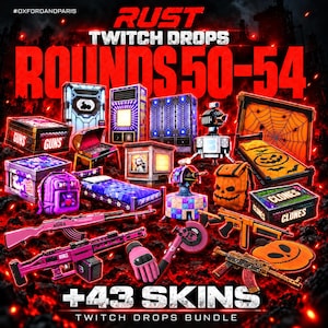 Puede incluir: Un gráfico promocional digital para Rust Twitch Drops Rounds 50-54 con 43 aspectos de juego. Los artículos incluyen rifles rosas, una mochila de calabaza, una cama de telaraña, cajas etiquetadas como GUNS y CLONES y varios muebles decorativos.