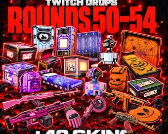 May include: A digital promotional graphic for Rust Twitch Drops Rounds 50-54 featuring 43 game skins. Items include pink rifles, a pumpkin backpack, a spiderweb bed, storage crates labelled GUNS and CLONES, and various decorative furniture.