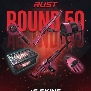 Puede incluir: Gráfico promocional de "RUST" con varios diseños de armas rosas y un contenedor con la etiqueta "GUNS". El texto "ROUND 50" se muestra de forma destacada. Texto adicional indica "+6 SKINS" y "TWITCH DROPS ROUND 50."