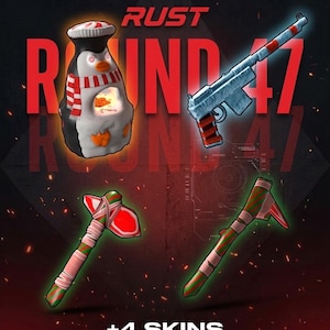 Puede incluir: Imagen promocional para los drops de Twitch RUST Round 47. La imagen presenta un objeto con forma de pingüino, una pistola y dos hachas, todos con un tema de bastón de caramelo rojo y blanco. El texto "RUST ROUND 47" se muestra de forma destacada.