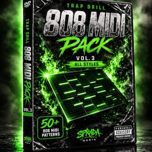 Peut inclure: Un boîtier de DVD pour un "Trap Drill 808 MIDI Pack Vol. 3" avec un design noir et vert. La couverture affiche le texte "808 MIDI PACK" en grandes lettres en gras, avec "Vol. 3 All Styles" en dessous. Le boîtier comprend également le texte "50+ 808 MIDI Patterns".