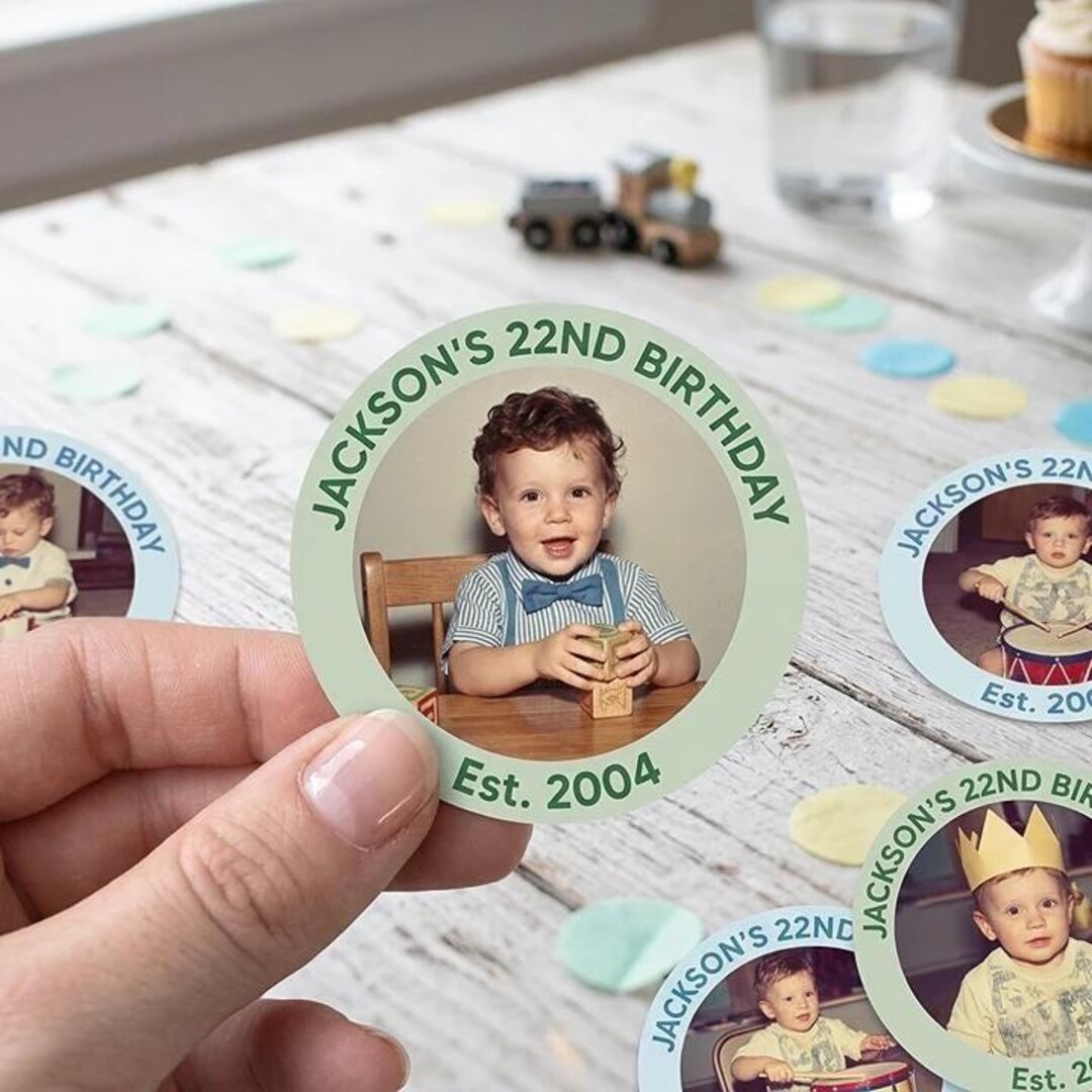 Personalized Birthday Photo Sticker – Custom Name & Age Round Keepsake ...