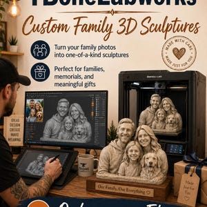 May include: Promotional image for TboneLabworks, advertising custom family 3D sculptures. The image shows a family sculpture, a computer screen with a family photo, and a 3D printer. The text says "Order now on Etsy."