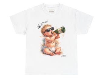 Baby Drinking Champagne T-Shirt | Bold Graphic Tee, Humor Illustration, 100% Cotton