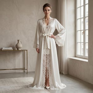 cream satin dressing gown Women's Cream Lace-trimmed satin dressing gown