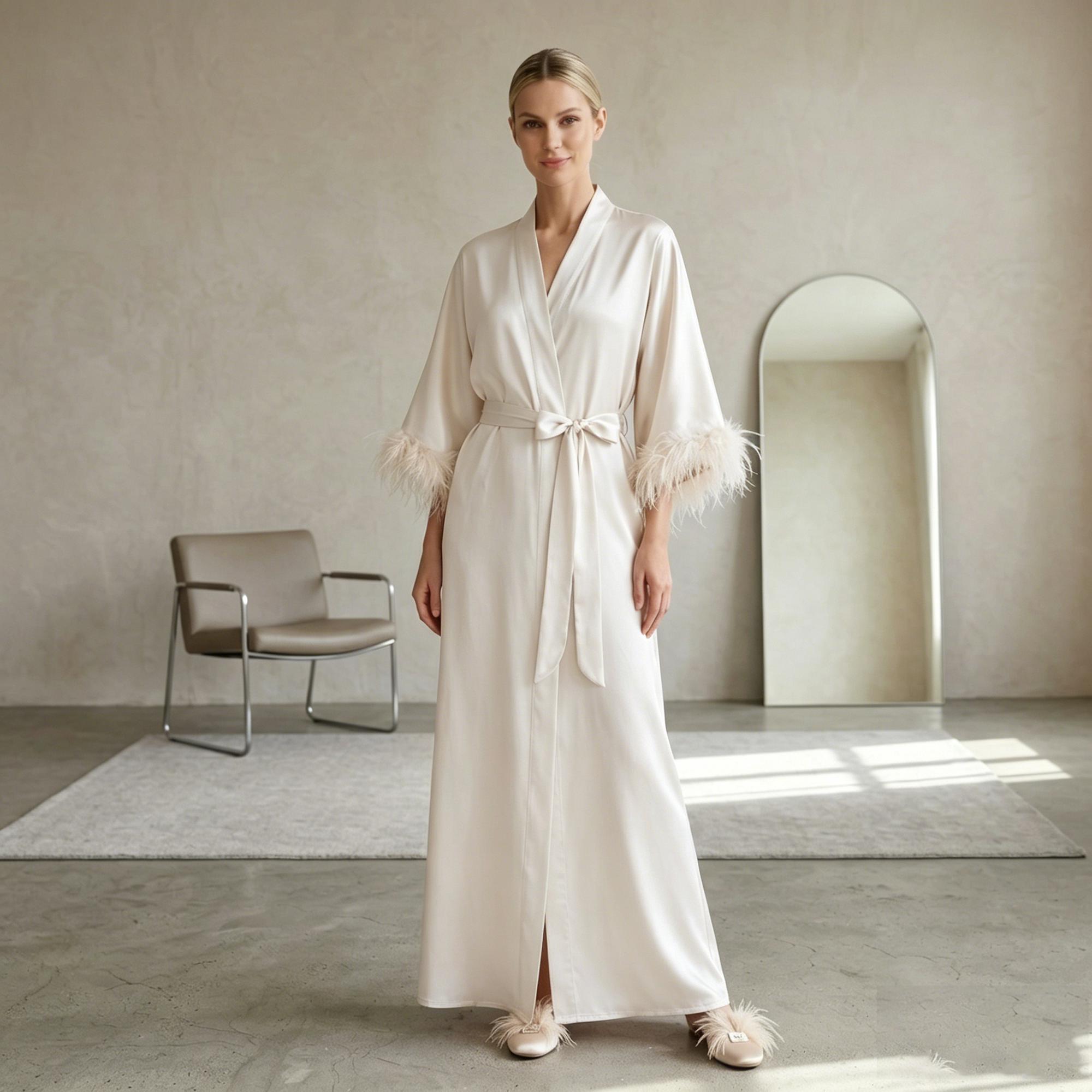 Feather Lined Robe Feather Trim Satin Bridal Robe Old Hollywood V-neck Lounge Gown ...