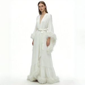 Feather Trim Chiffon Bridal Robe: Elegant V-Neck Lounge Gown