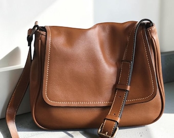Bolsa tote feminina artesanal em couro legítimo, bolsa de ombro em couro bovino de alta qualidade, bolsa transversal, bolsa feminina para o dia a dia, bolsa mensageiro de couro com aba