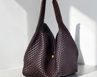 Bolsa tote feminina em couro trançado, bolsa de ombro feita à mão, bolsa grande tipo saco, bolsa em couro macio com acabamento em óleo encerado, bolsa casual para o dia a dia.