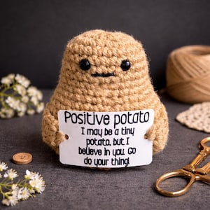 Pode incluir: Uma figura de batata de crochê, bege, com olhos pretos e um sorriso costurado. Segura uma placa que diz "Positive potato. I may be a tiny potato, but I believe in you. Go do your thing!" Em uma superfície escura.