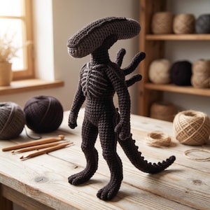 Può includere: Una figura di Xenomorfo all'uncinetto marrone scuro, con una testa dettagliata, corpo allungato e coda. La creatura fatta a mano ha un aspetto strutturato, con costole e piedi artigliati visibili. La figura è esposta su una superficie di legno, con filato e uncinetti nelle vicinanze.