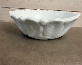Vintage Indiana Glass Wild Rose Milk Glass Bowl | Blue Opalescent Cabbage Leaf Centerpiece