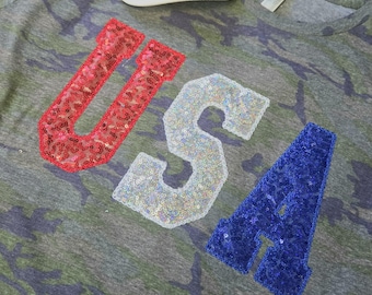 USA Sequin Camo Tee  - Red White Blue Applique Patriotic Shirt